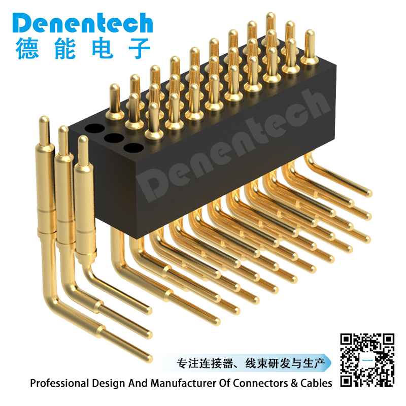 Denentech hot selling 1.27MM pogo pin H4.0MM triple row male right angle pin pogo oro